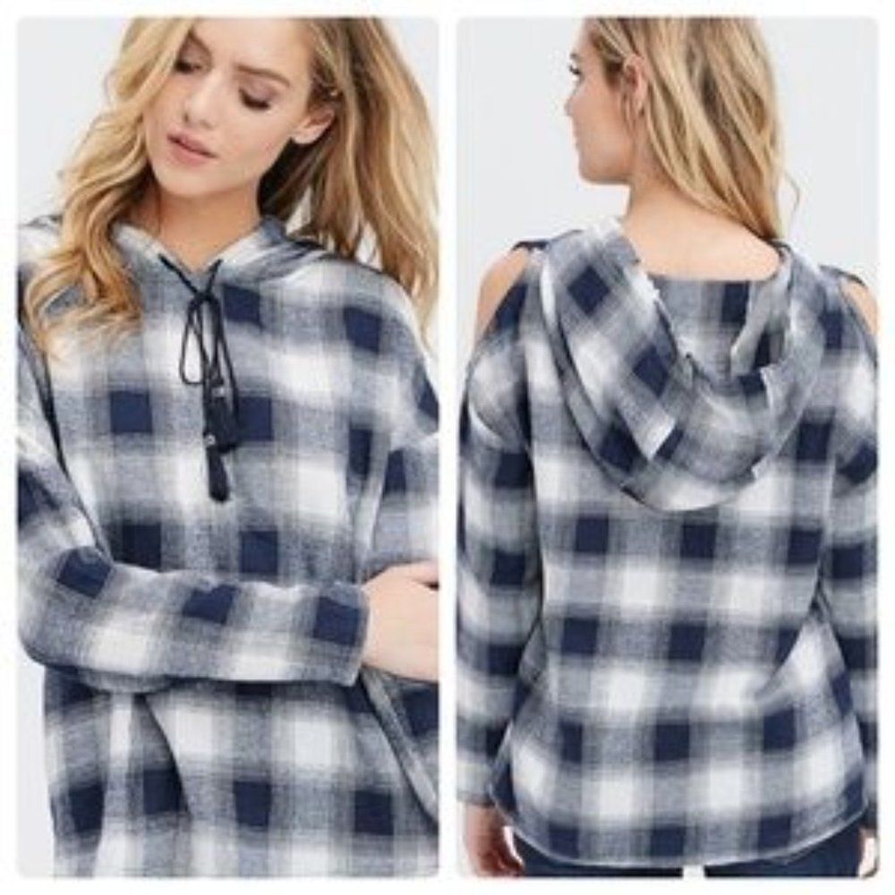 Cold shoulder plaid hooded top